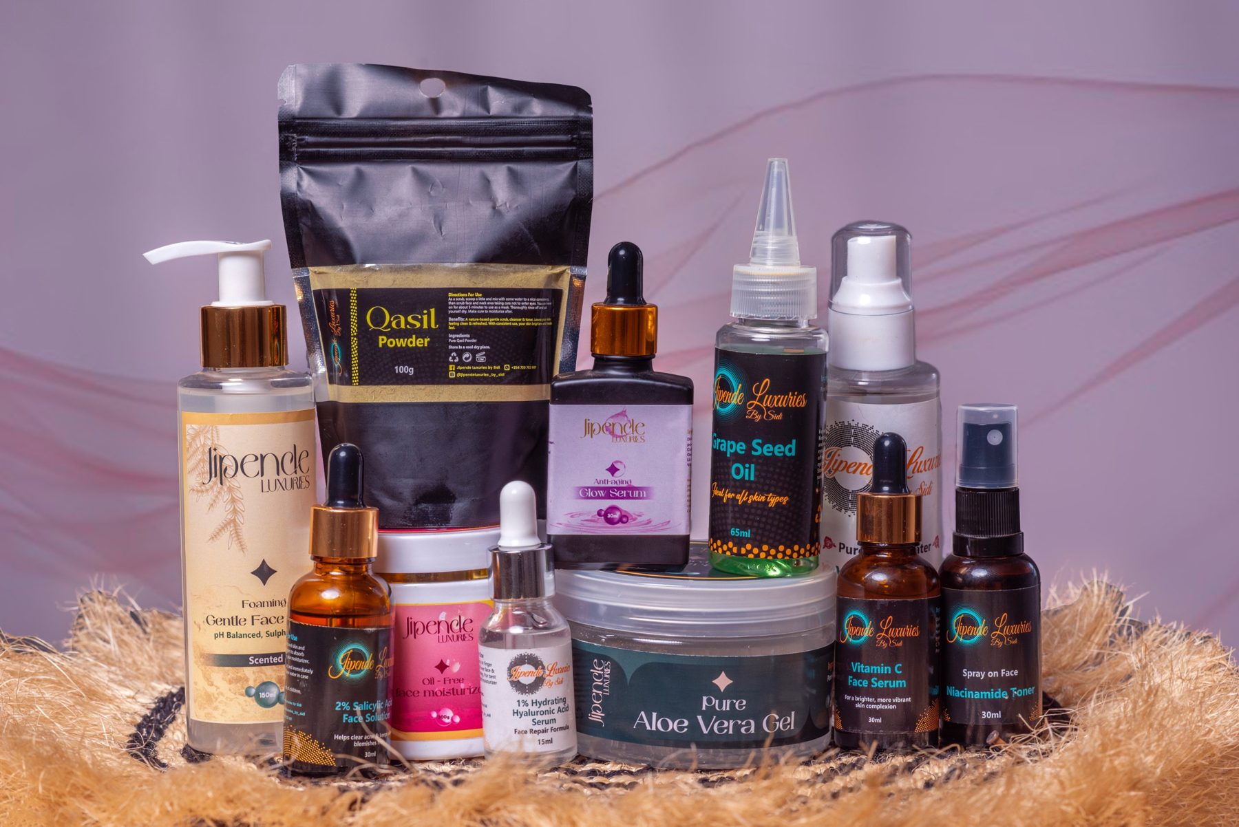 Jipende skin-care range on a woven mat